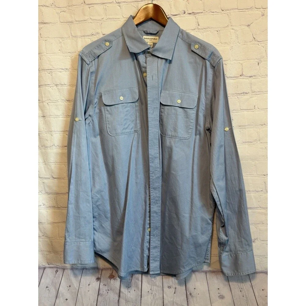 Banana Republic Mens L Shirt Light Blue Roll Tab Sleeve Utility Safari Cotton